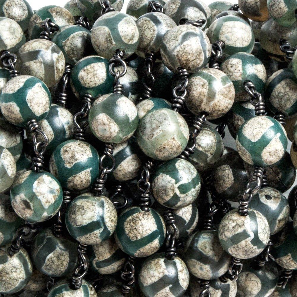 8mm Teal Tibetan Agate Plain Rounds Black Chain by the foot 20 pieces - The Bead Traders