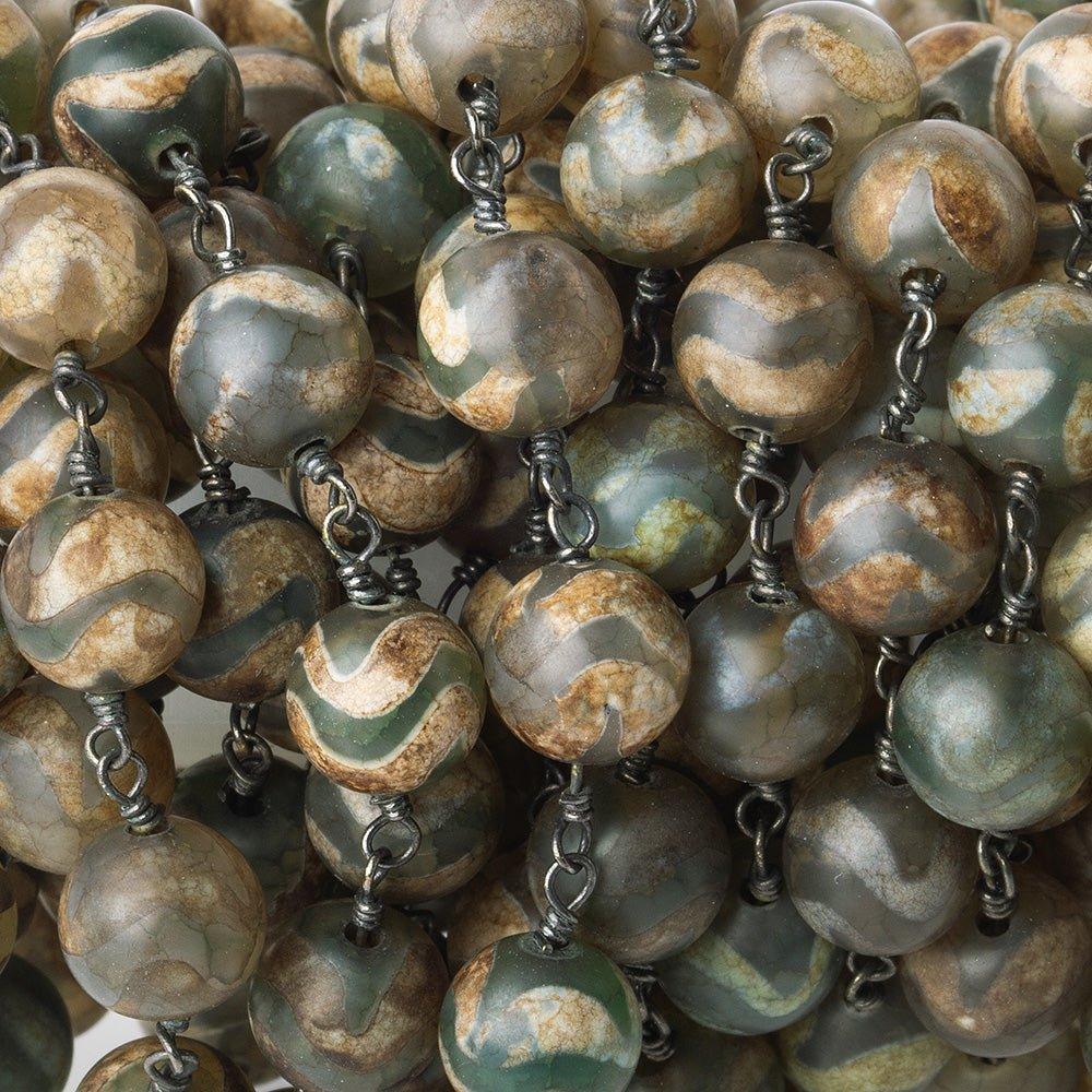 8mm Tibetan Teal & Brown Zig Zag Agate plain round Black Gold plated Chain by the foot 22 pieces - The Bead Traders