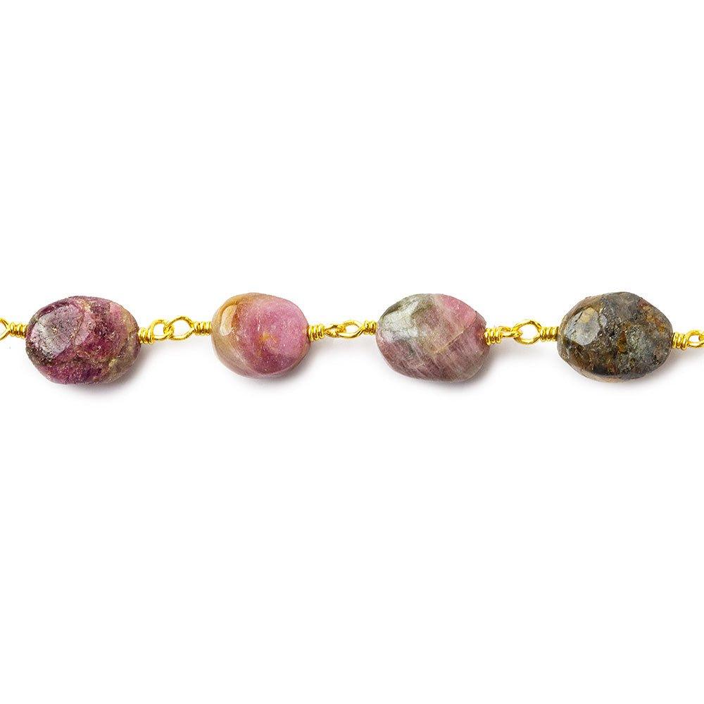 8x7-12x7mm Multi Color Tourmaline tumbled nugget Gold plated Chain by the foot 20 pieces - The Bead Traders