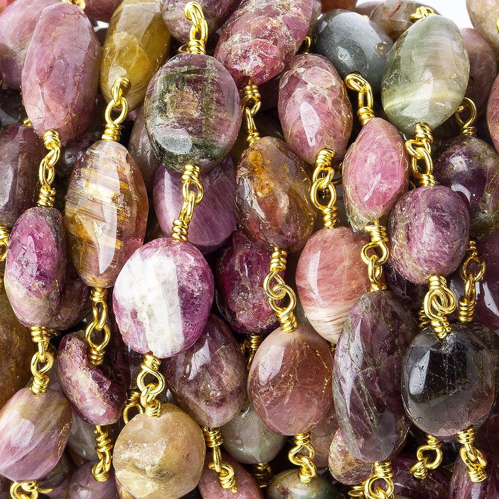 8x7-12x7mm Multi Color Tourmaline tumbled nugget Gold plated Chain by the foot 20 pieces - The Bead Traders