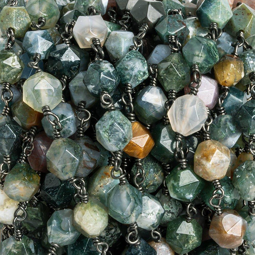 8x7mm Fancy Jasper Star Cut Faceted Round Black Gold Chain by the Foot 20 Pieces - The Bead Traders