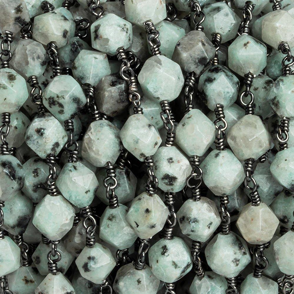 8x7mm Lotus Dalmatian Jasper Star Cut Faceted Round Black Gold Chain by the Foot 20 Pieces - The Bead Traders