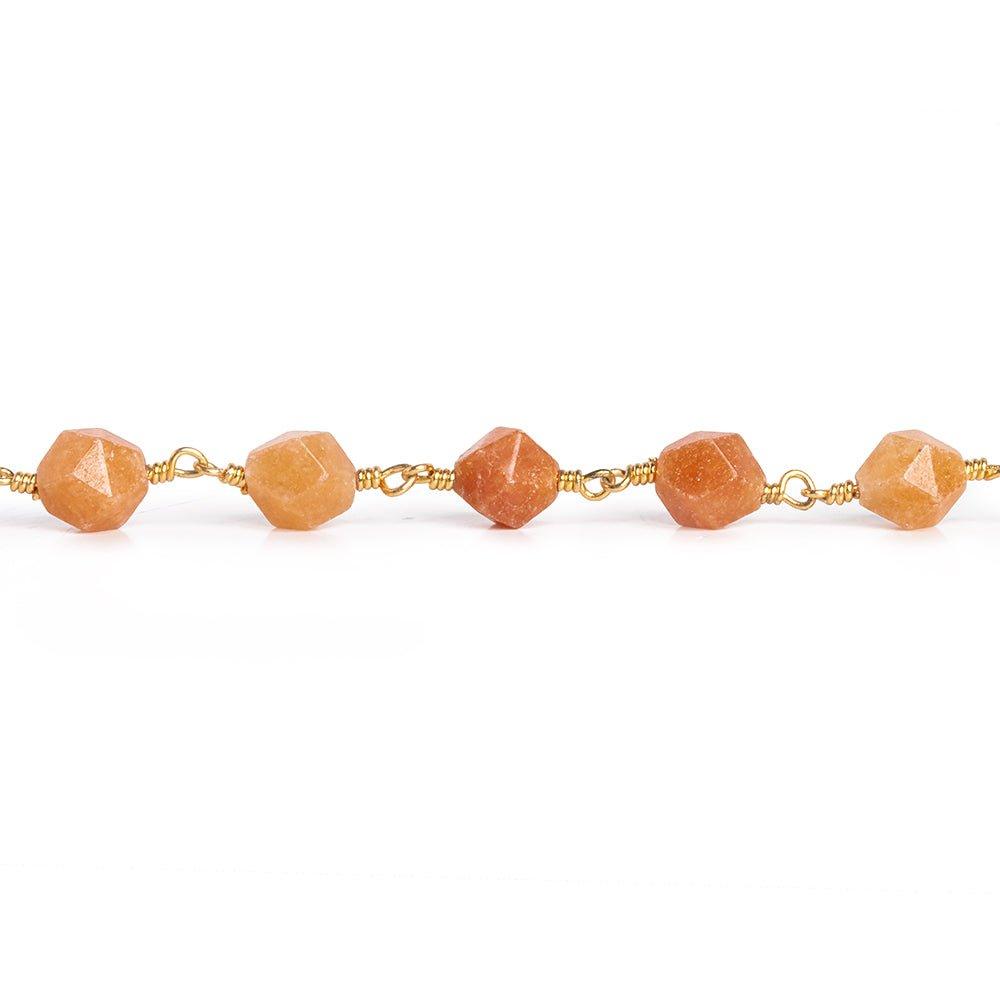 8x7mm Peach Aventurine Star Cut Faceted Round Gold Chain by the Foot 20 Pieces - The Bead Traders