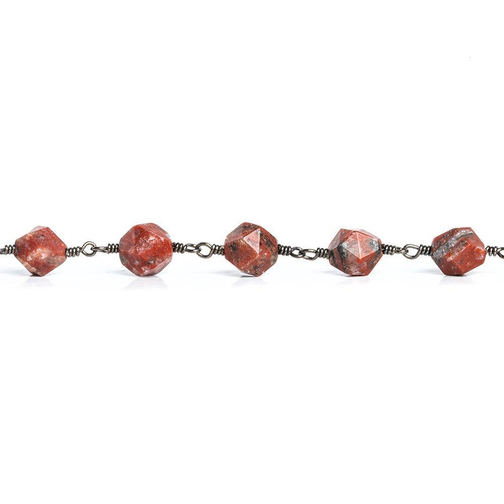 8x7mm Red Jasper Star Cut Faceted Round Black Gold Chain by the Foot 20 pieces - The Bead Traders