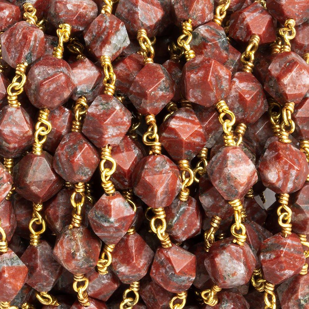 8x7mm Red Jasper Star Cut Faceted Round Gold Chain by the Foot 20 Pieces - The Bead Traders