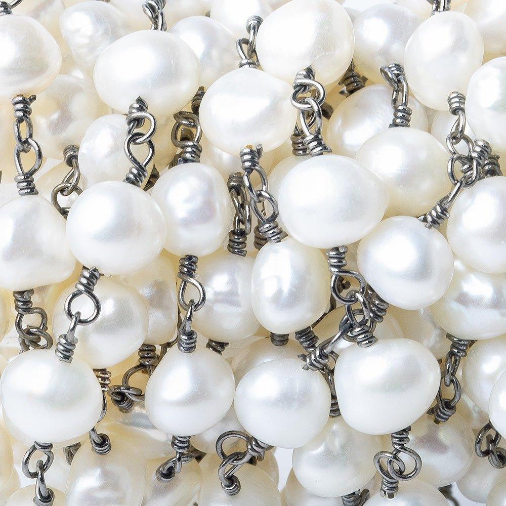 8x7mm White Baroque Side Drill Pearl Black Gold plated Chain by the foot 21 pieces - The Bead Traders
