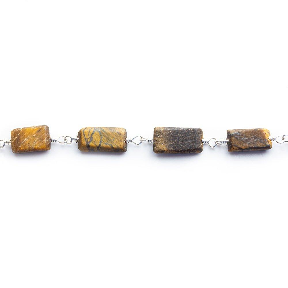 9.5x5mm-14x6mm Tiger's Eye Plain Rectangles Silver Chain by the Foot 21 pieces - The Bead Traders