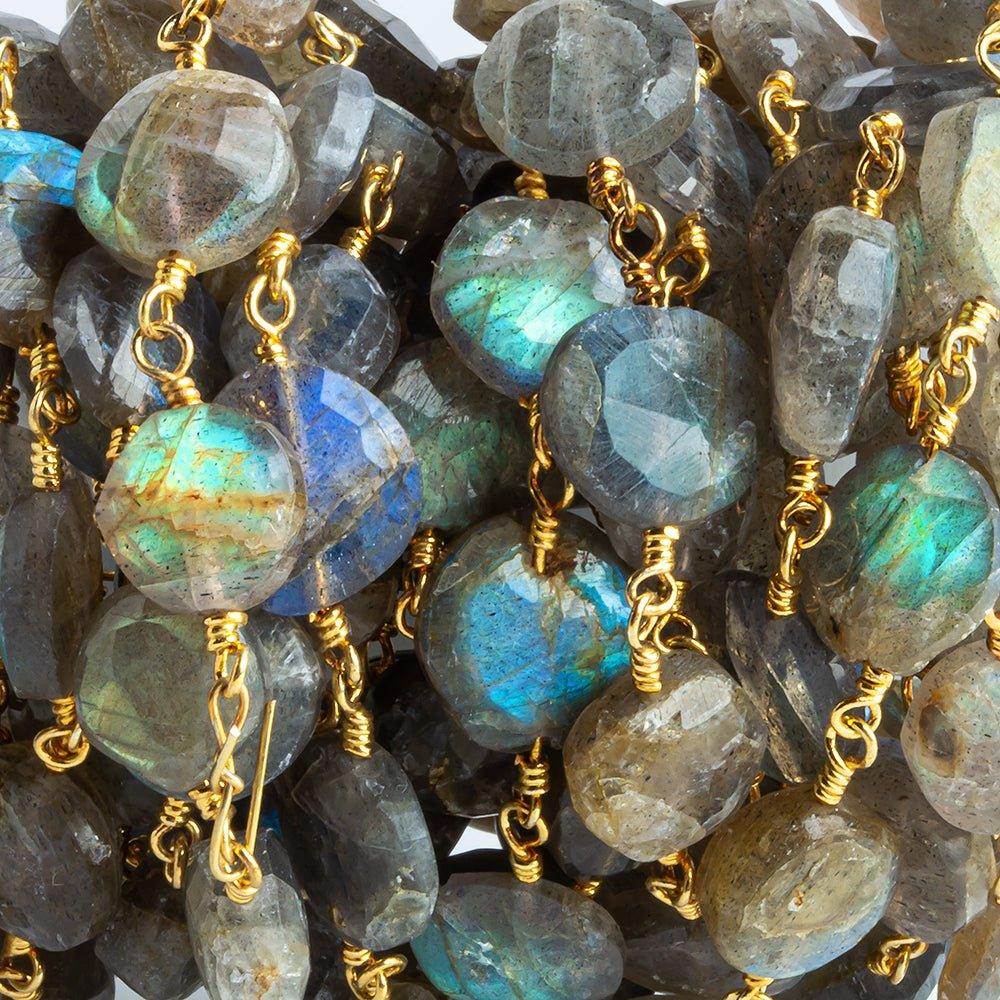 9mm-10.5mm Labradorite Faceted Coin Gold Chain by the Foot 18 pieces - The Bead Traders