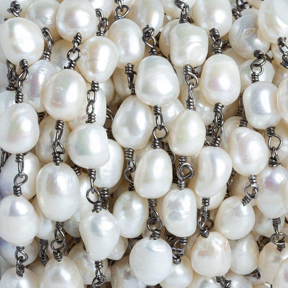 9x8mm-11x9mm White Baroque Freshwater Pearl Black Gold plated Chain by the Foot 19 Pieces - The Bead Traders
