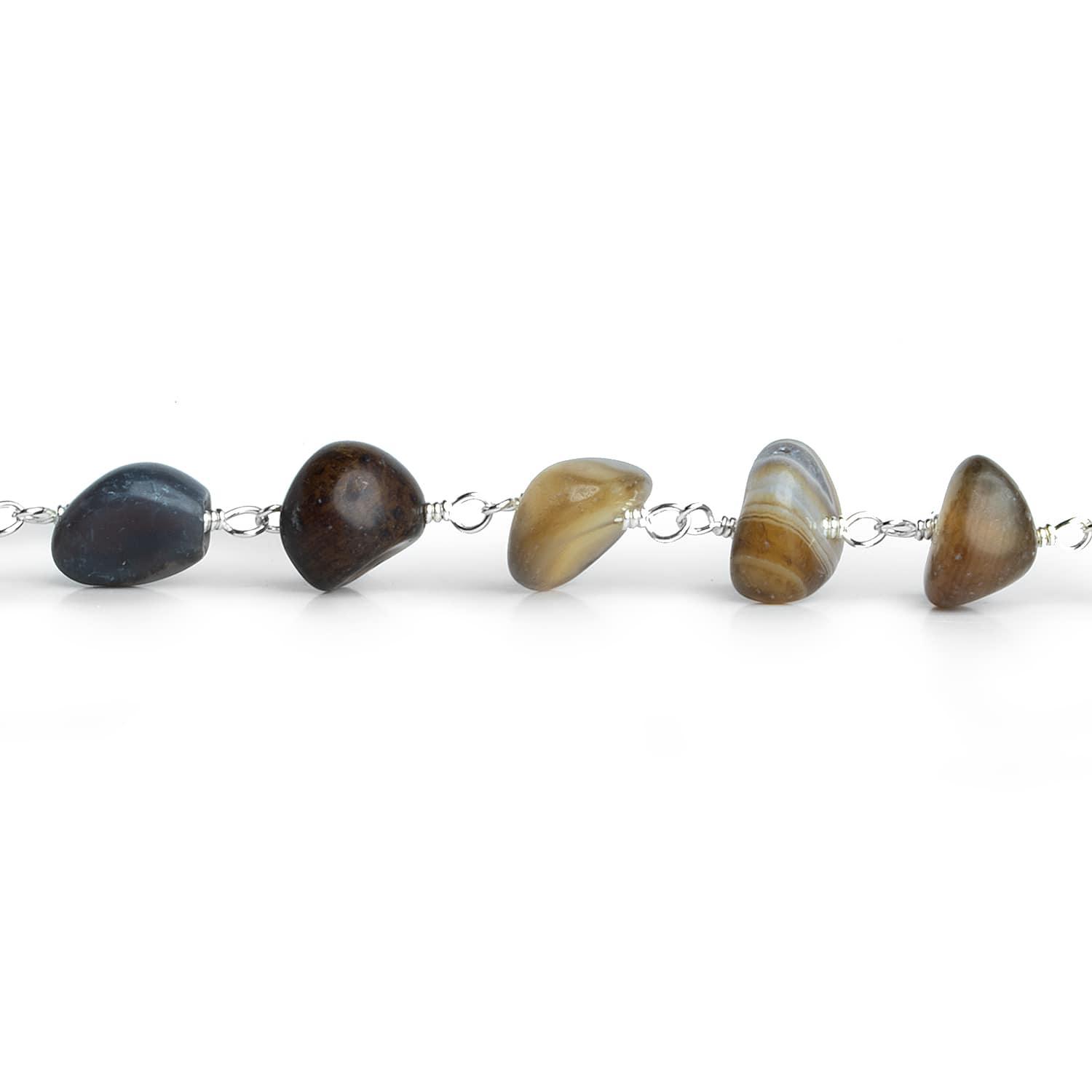 9x8mm Matte Brown Agate Plain Nugget Silver Chain 23 beads - The Bead Traders