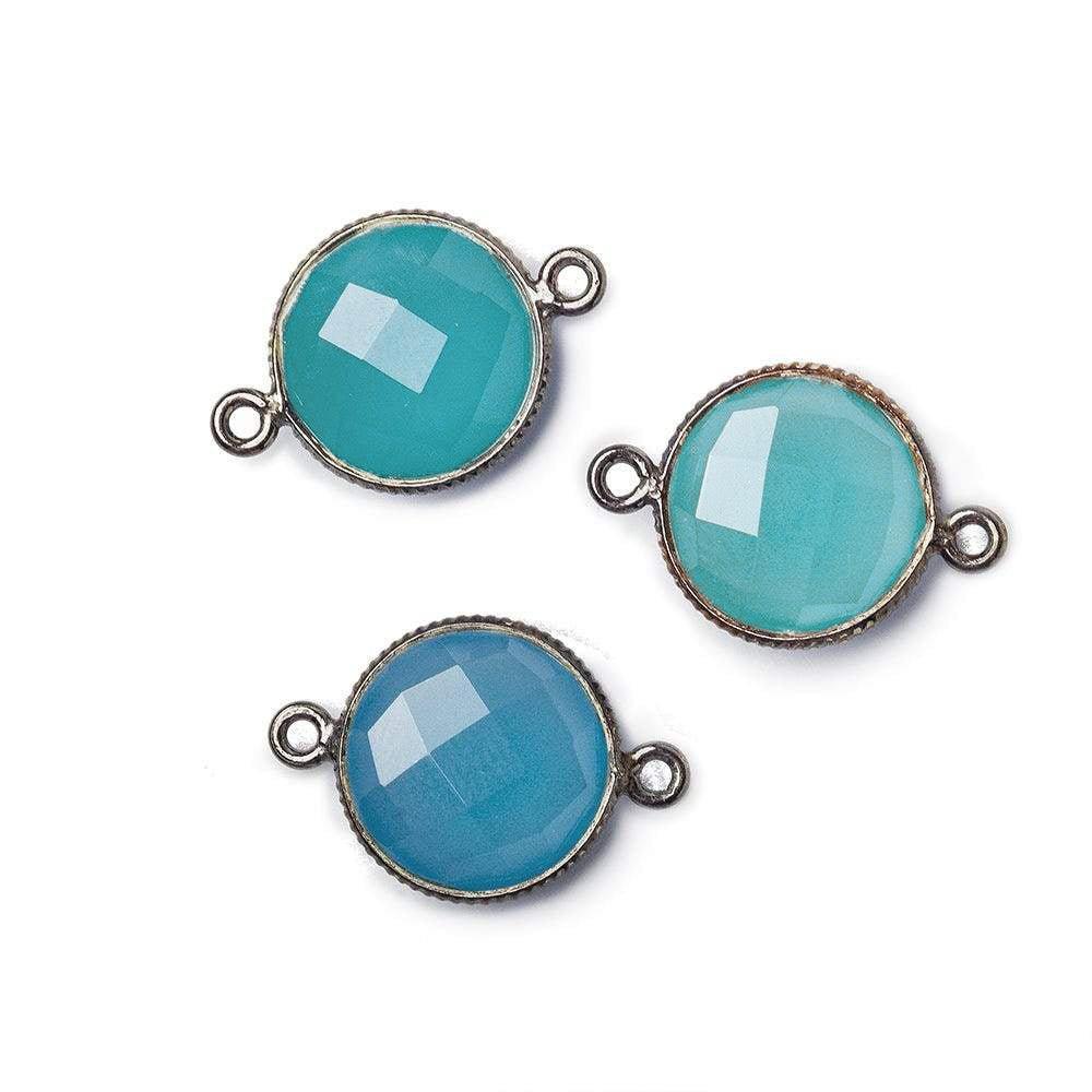 Black Gold .925 Corrugated Bezel Santorini Blue Chalcedony Coin 2 ring Connector 1 pc - The Bead Traders
