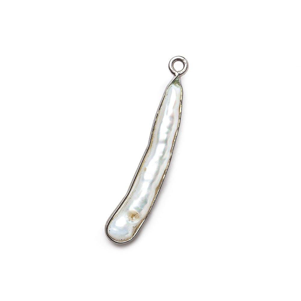 Black Gold Bezel White Biwa Freshwater Pearl Pendant 1 focal bead 21x6mm approximate - The Bead Traders
