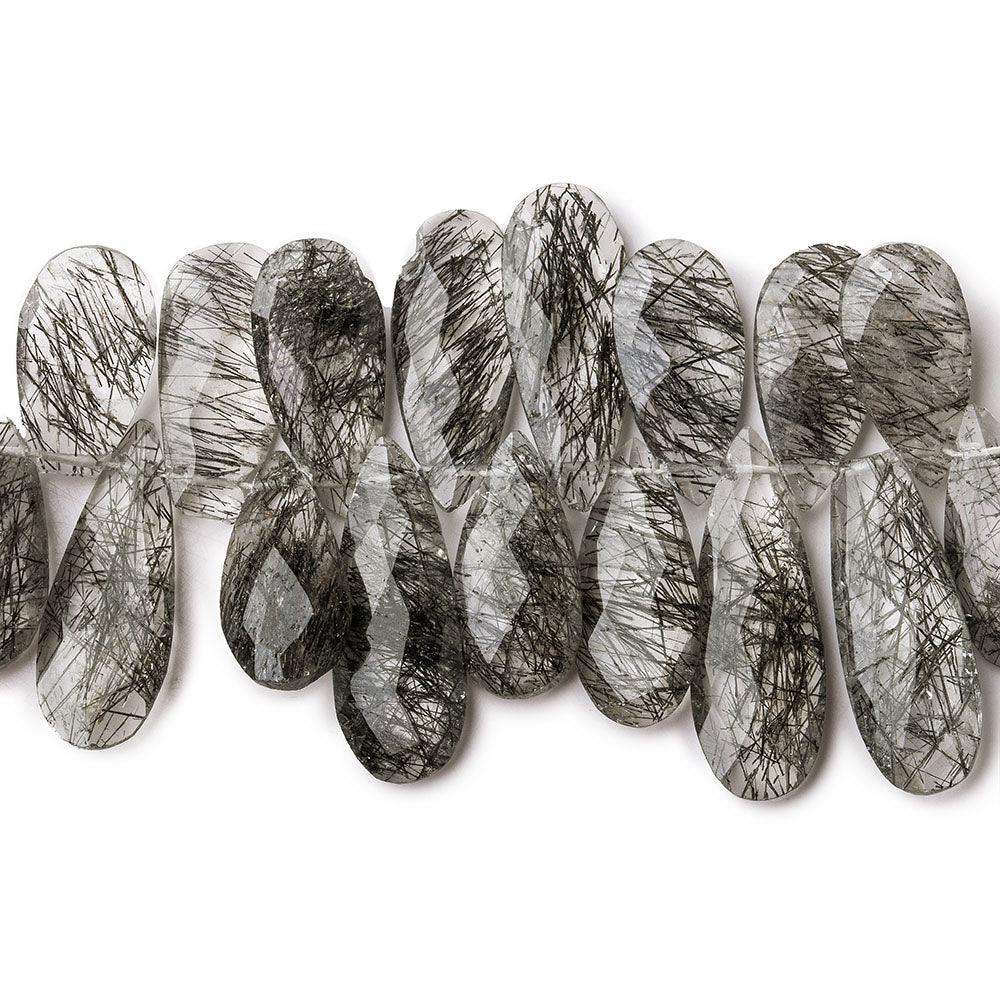 Black Tourmalinated Quartz faceted pears 55 beads 8 inch 14x7-25x8mm beads - The Bead Traders
