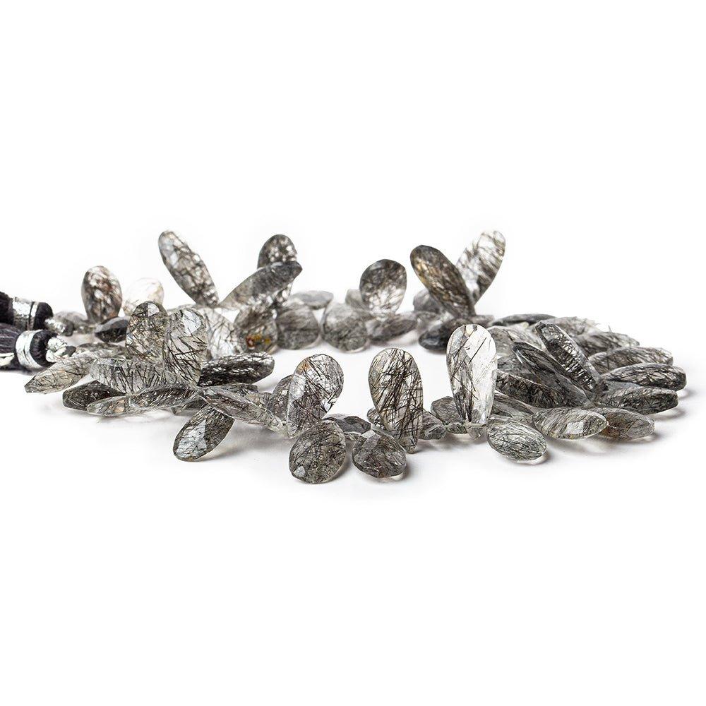 Black Tourmalinated Quartz faceted pears 8 inch 61 beads 14x5mm average - The Bead Traders