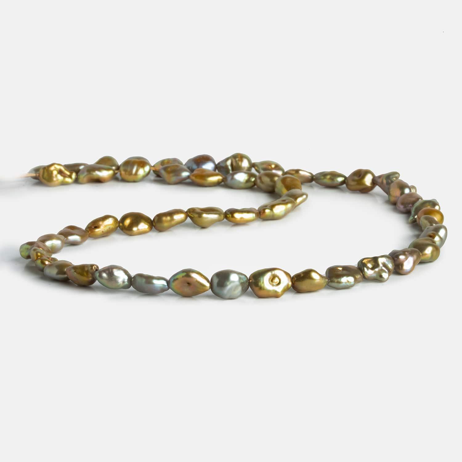Brassy Pistachio Peacock Keshi Straight-Drilled Pearls 15 inch 35 pieces - The Bead Traders