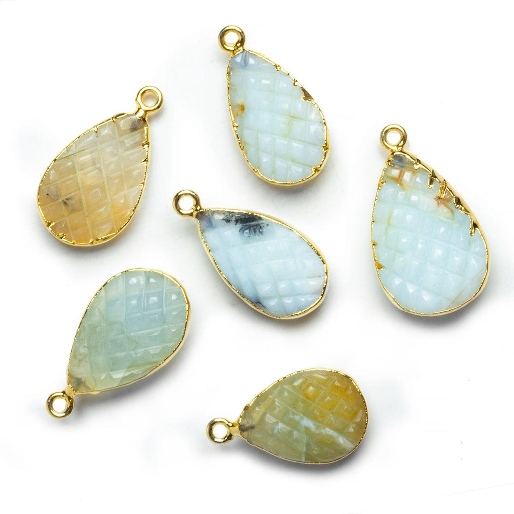 Large Gold Leafed Carved Blue Peruvian Opal Pear Pendant - The Bead Traders