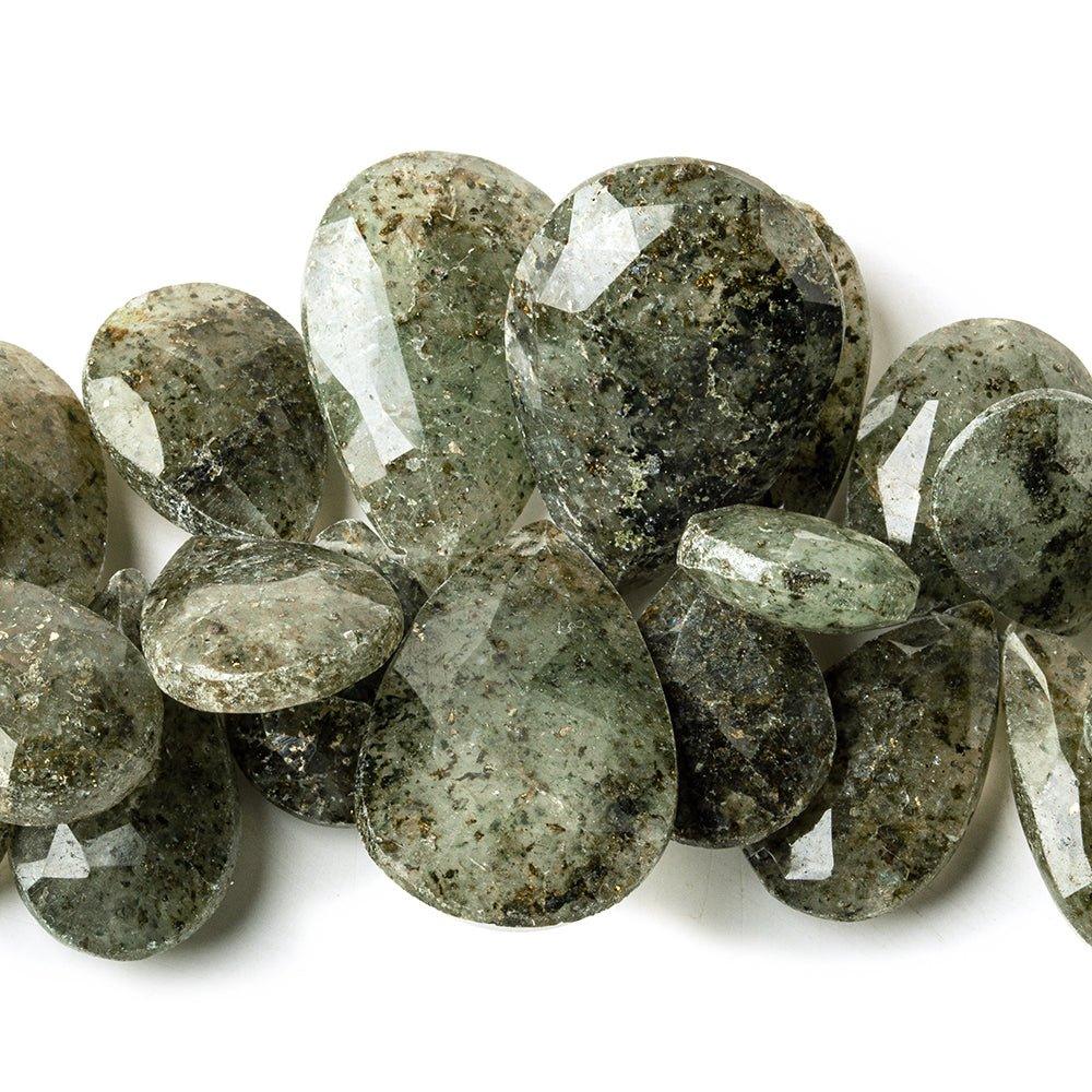 Moss Quartz with Pyrite Inclusions faceted pear briolettes 8 inch 55 beads 16x10-30x18mm - The Bead Traders