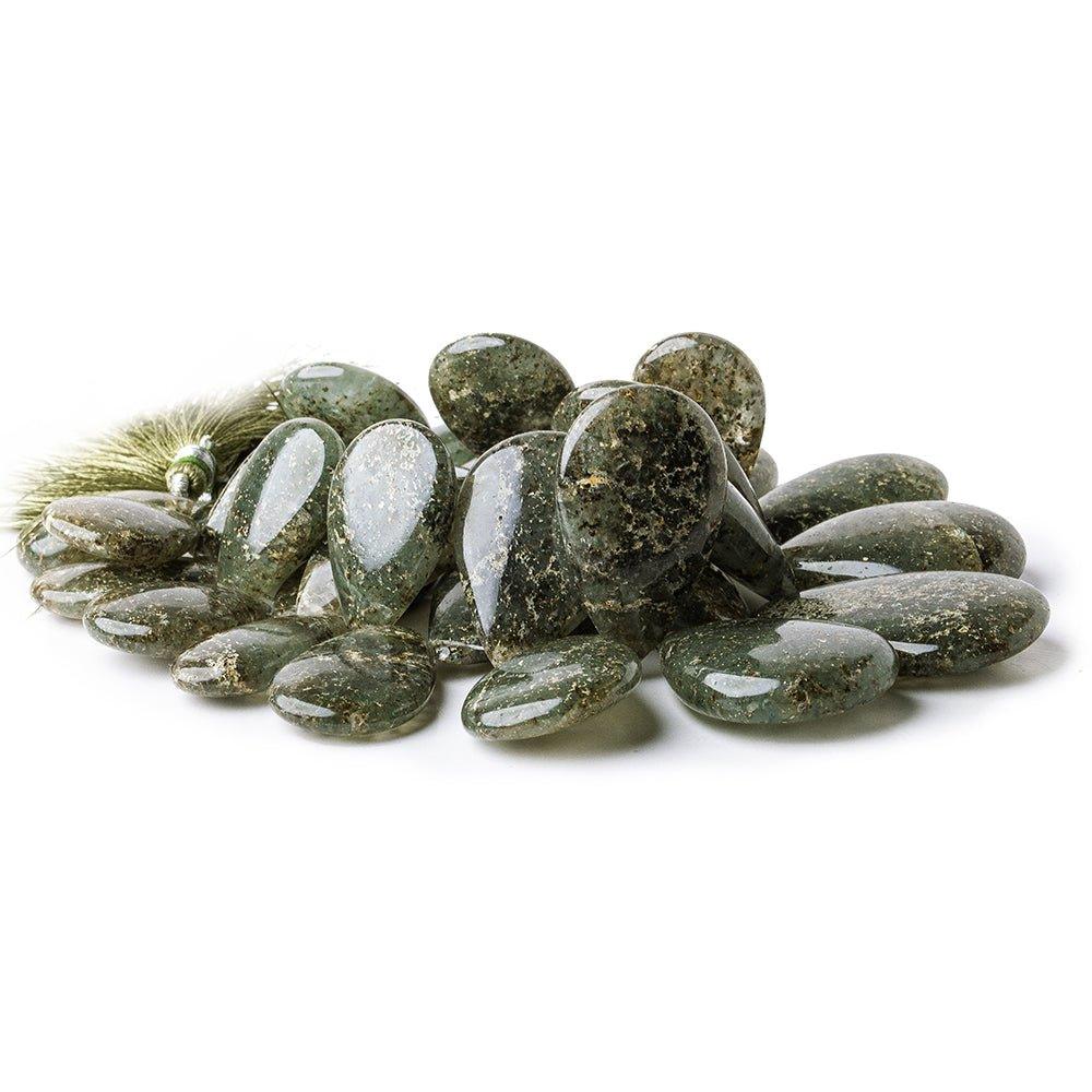 Moss Quartz with Pyrite Inclusions plain pears 8 inch 33 beads 23x16-35x17mm - The Bead Traders