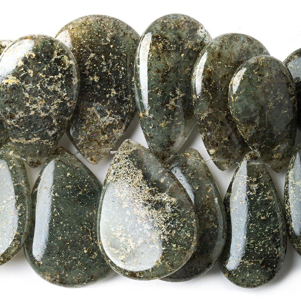 Moss Quartz with Pyrite Inclusions plain pears 8 inch 33 beads 23x16-35x17mm - The Bead Traders