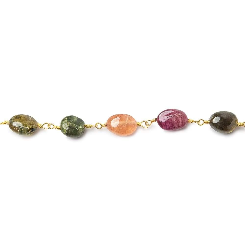 Multi Color Tourmaline plain oval Gold plated Chain by the foot 25 beads - The Bead Traders