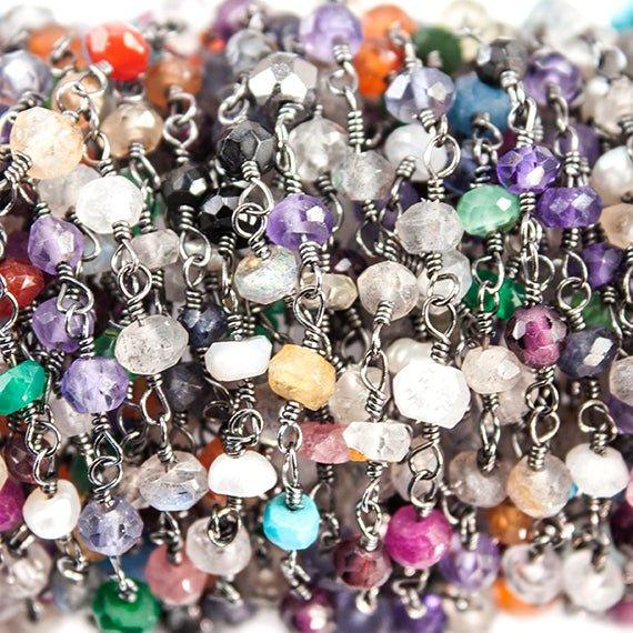 Multi Gemstone faceted rondelle Black Gold Rosary Chain by the foot 39 beads - The Bead Traders