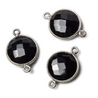Oxidized Silver Corrugated Bezel Black Chalcedony coin 2 ring Connector 1 pc - The Bead Traders