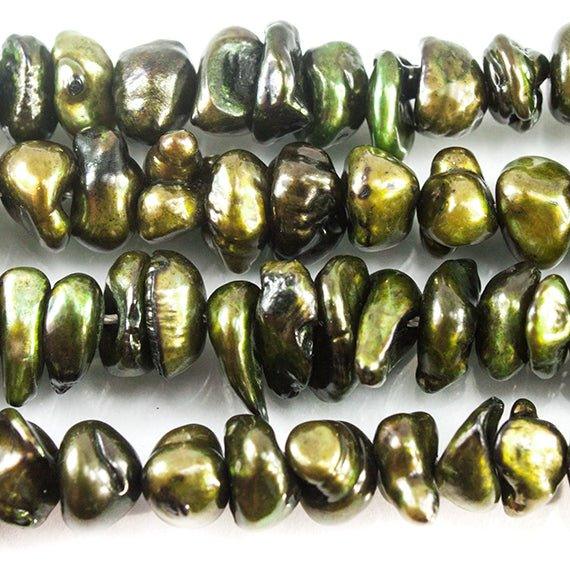 Pine Green Center Drilled Keshi Freshwater Pearls 15 inch 88 pieces - The Bead Traders