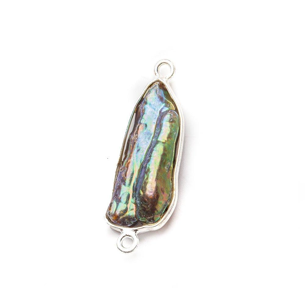 Silver Bezel Peacock Biwa Freshwater Pearl Connector 1 focal bead 20x8mm average - The Bead Traders