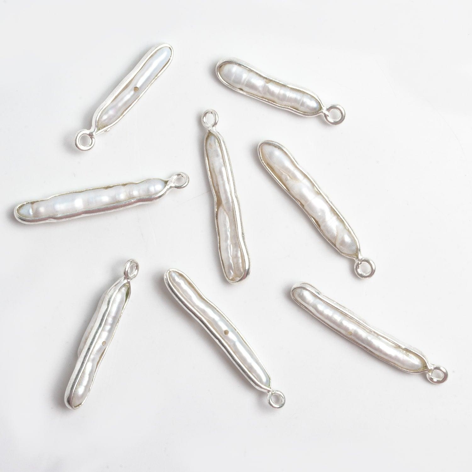 Silver Bezel White Biwa Pearl Connector 1 Bead - The Bead Traders