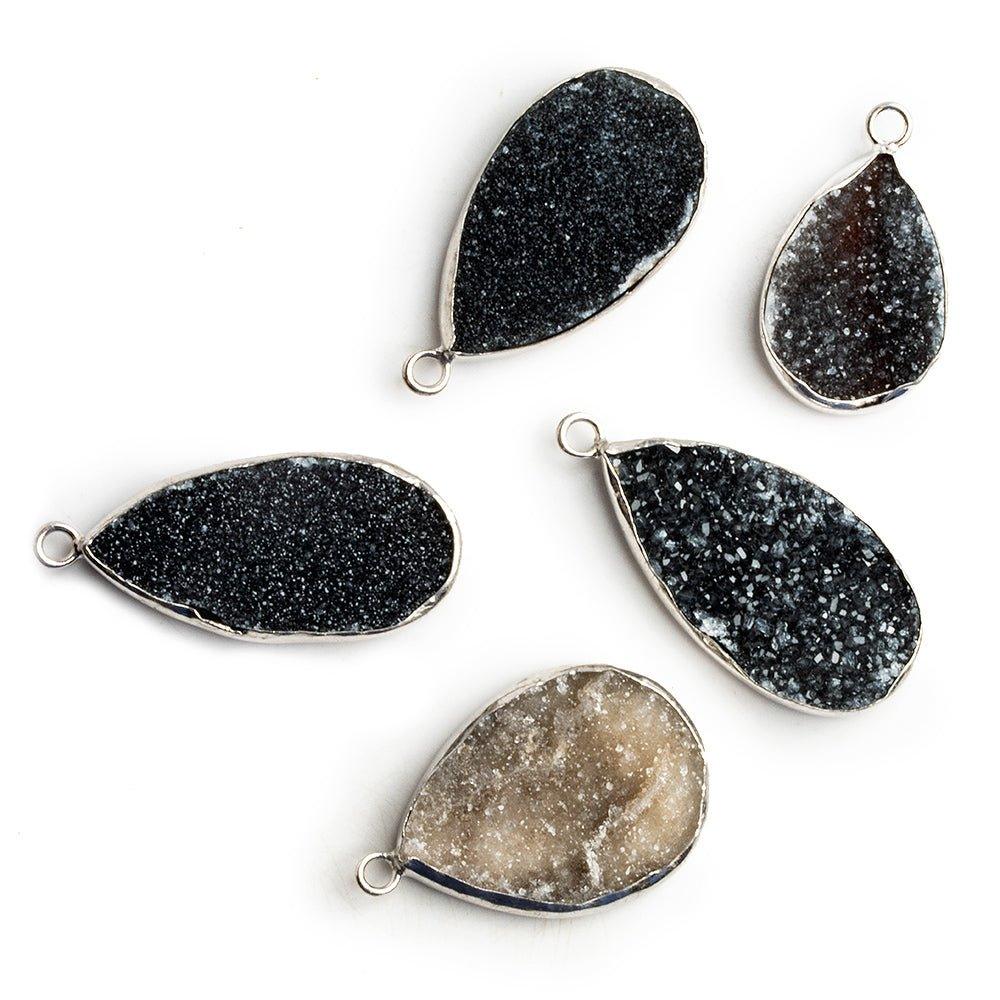Silver Bezeled Black Drusy Pear Pendant 1 Piece - The Bead Traders