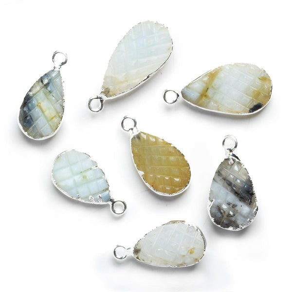 Silver Leafed Carved Blue Peruvian Opal Pear Pendant