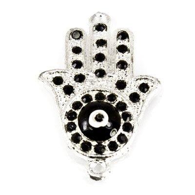 Silver plated Connector / Charm, Hamsa with Black Rhinestones 35x22mm, 1 piece - The Bead Traders