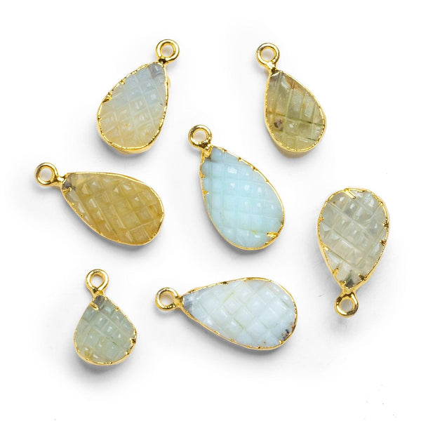 Small Gold Leafed Carved Blue Peruvian Opal Pear Pendant