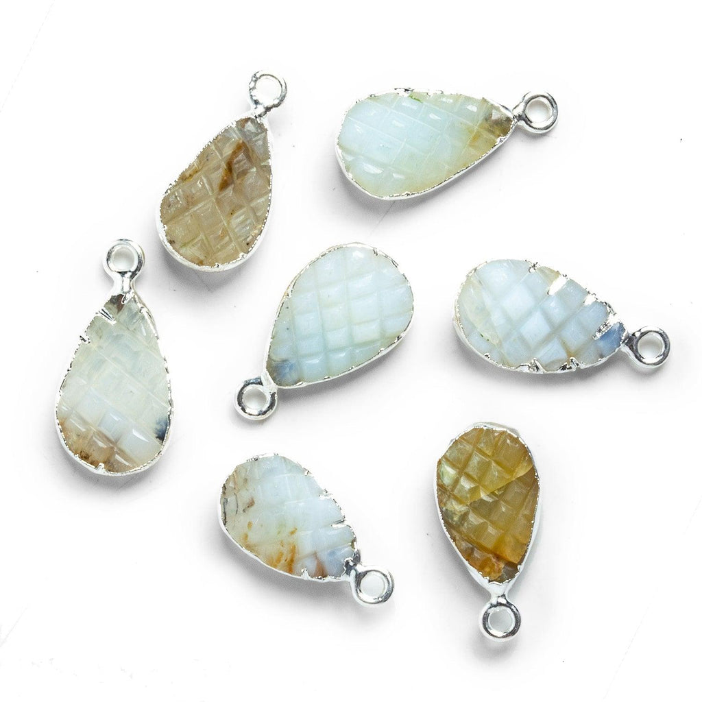 Small Silver Leafed Carved Blue Peruvian Opal Pear Pendant - The Bead Traders
