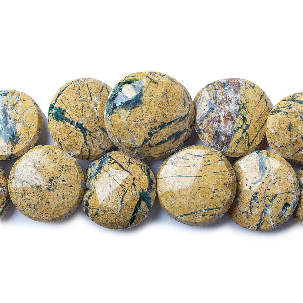 Tan Jasper and Emerald Top Drilled Faceted Coin Beads 7 inch 23 pieces - The Bead Traders