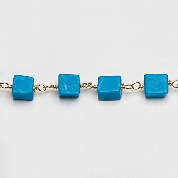 Turquoise Blue Howlite plain square Gold Rosary Chain by the foot - The Bead Traders