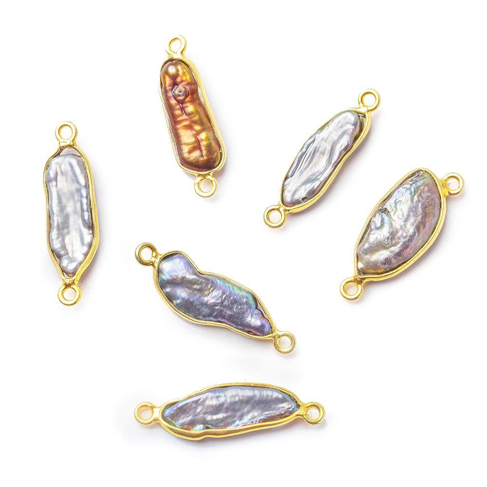 Vermeil Bezel Peacock Biwa Freshwater Pearl Connector 1 focal bead 16x7mm average - The Bead Traders