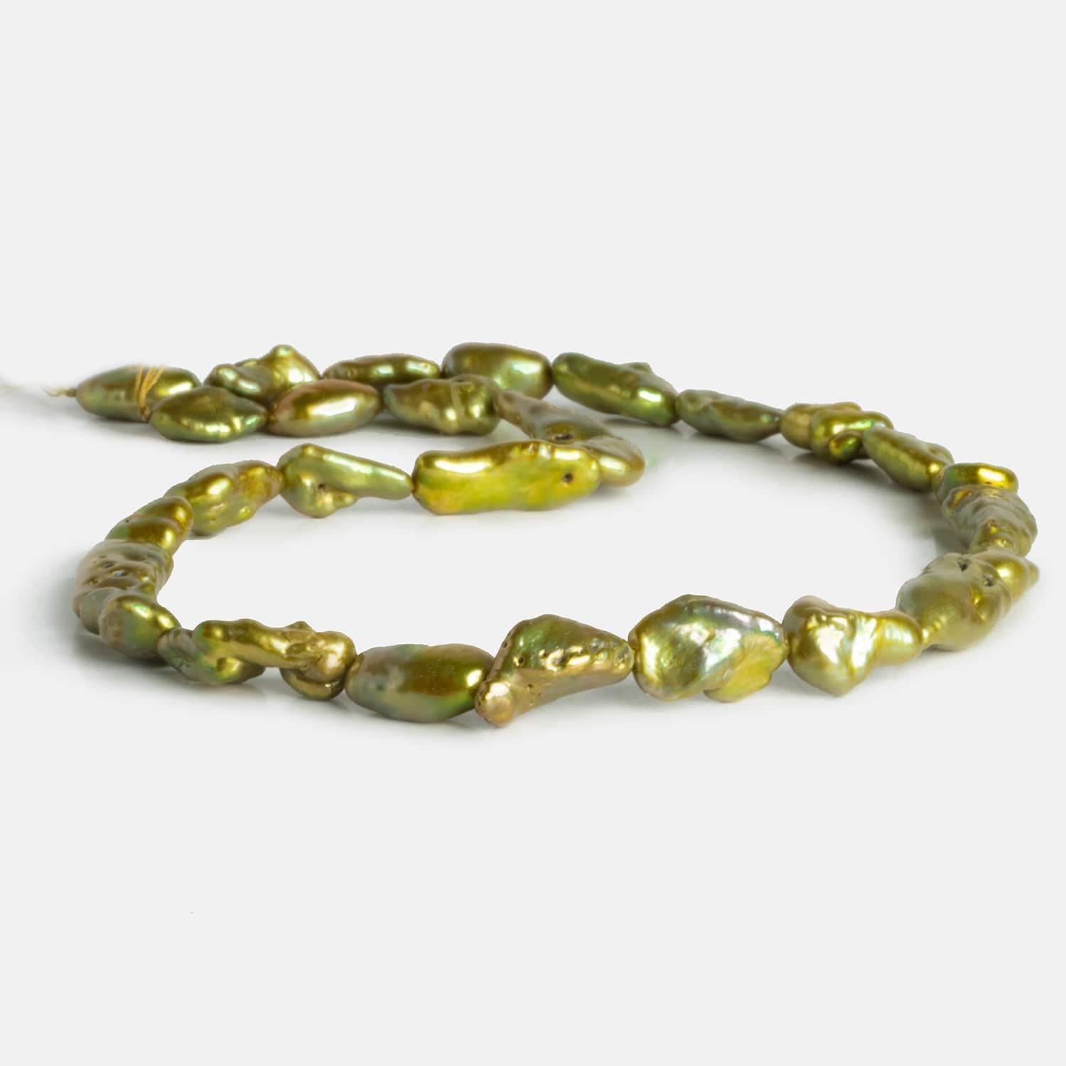 Yellow Green Peacock Keshi Straight-Drilled Pearls 15 inch 27 pieces - The Bead Traders